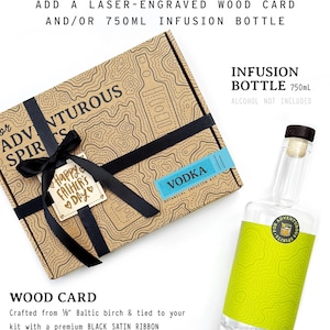May include: A gift set upgrade featuring a laser-engraved wood card and a 750ml infusion bottle. The box is adorned with a black ribbon and a wooden tag that says "Happy Father's Day". The bottle has a green label and a cork.
