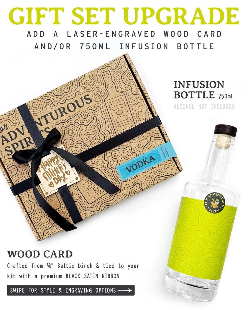 May include: A gift set upgrade featuring a laser-engraved wood card and a 750ml infusion bottle. The box is adorned with a black ribbon and a wooden tag that says "Happy Father's Day". The bottle has a green label and a cork.