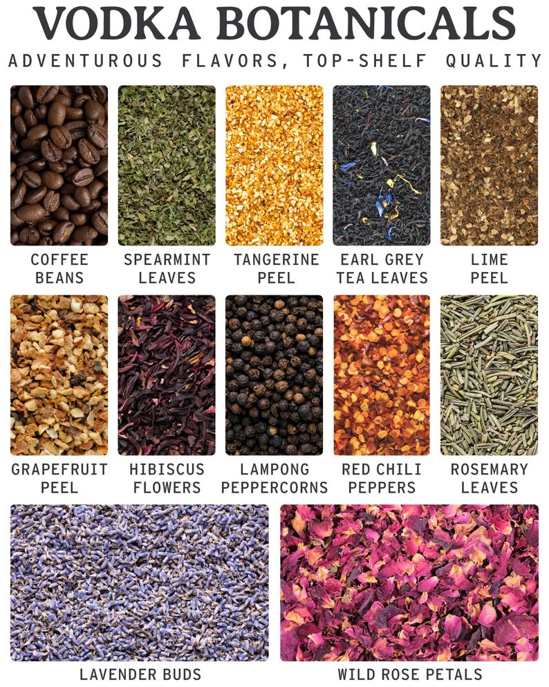 May include: An image showcasing various vodka botanicals, including coffee beans, spearmint leaves, tangerine peel, Earl Grey tea leaves, lime peel, grapefruit peel, hibiscus flowers, lampong peppercorns, red chili peppers, rosemary leaves, lavender buds, and wild rose petals.