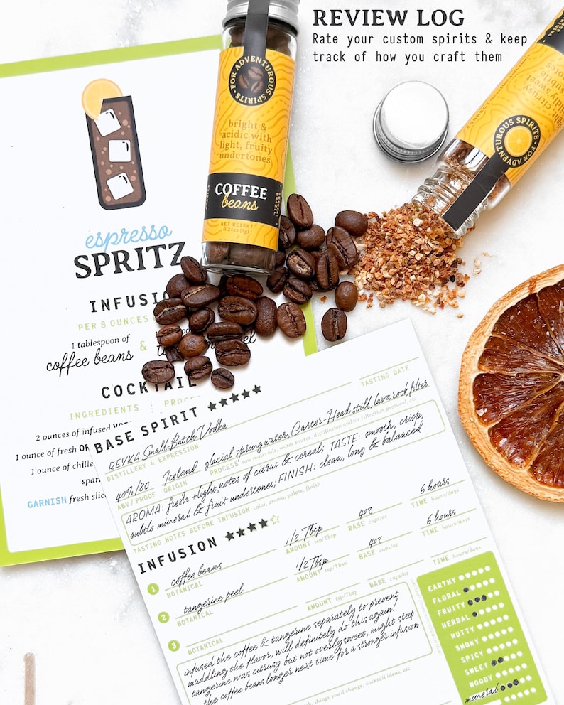 May include: An overhead shot features coffee beans, a recipe card for an espresso spritz cocktail, and a small jar of coffee beans. The recipe card includes ingredients and tasting notes. A dried orange slice adds color.