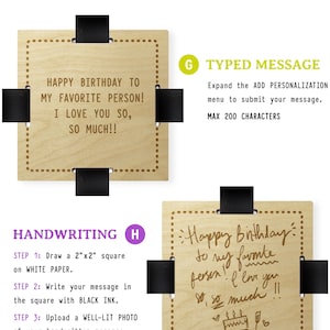 May include: Customizable wooden plaque with the text "HAPPY BIRTHDAY TO MY FAVORITE PERSON! I LOVE YOU SO, SO MUCH!!" and instructions for typed and handwritten messages. Includes a handwritten example with a birthday cake illustration.