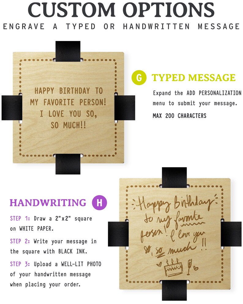 May include: Customizable wooden plaque with the text "HAPPY BIRTHDAY TO MY FAVORITE PERSON! I LOVE YOU SO, SO MUCH!!" and instructions for typed and handwritten messages. Includes a handwritten example with a birthday cake illustration.