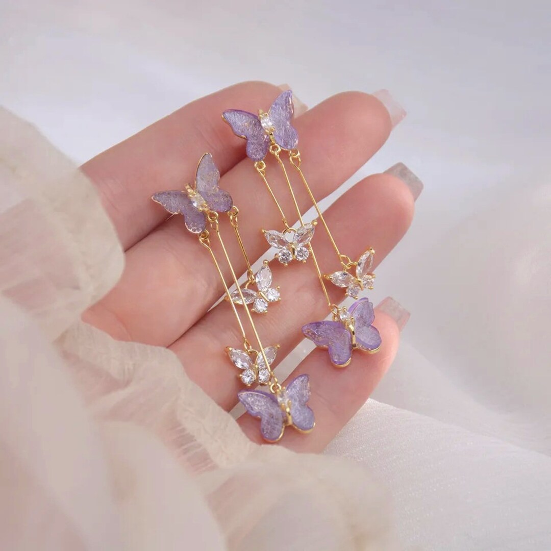 Layered Gold/Silver Pieces, Purple Butterfly, Purple Flower, Purple Earrings, Kawaii Earrings, Spring Earrings, Kawaii