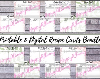 Könnte beinhalten: Eine Sammlung druckbarer und digitaler Rezeptkarten mit floralen und botanischen Designs. Die Karten bieten Platz für Zutaten, Vorbereitungs- und Garzeit. Der Text "Hoppy Albunny" ist auf den Karten geschrieben.