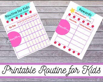 May include: Printable routine chart for kids with a colorful design. The chart includes a "To Do" section with a grid of stars to color in and a "Rewards" section with a list of rewards and stars needed.