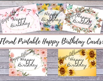 Printable floral birthday cards, birthday cards bundle, birthday cards pack, Set of 5 printable birthday cards, Wildflower birthday cards