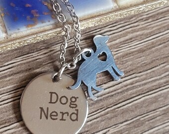 Dog nerd necklace - gift for dog lovers, stainless steel dog charm jewelry, geek gifts, dog jewelry