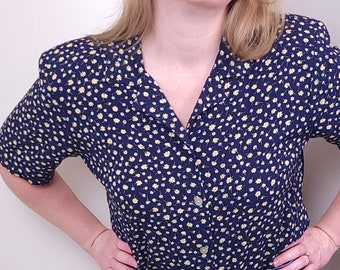 Vintage Blue and Yellow Flower Pattern Button Up Blouse / Large