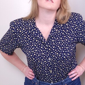 Vintage Blue and Yellow Flower Pattern Button Up Blouse / Large