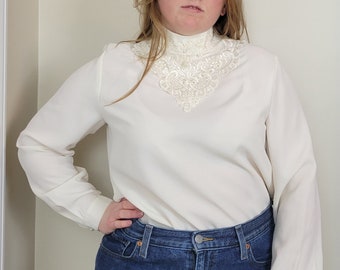 Vintage 1980s Victorian Karen Scott Blouse with Lace Detailing / Sz M