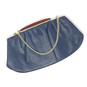 Vintage Clutch / 1980s / Leather / Evening Purse / Blue / Gold Chain / Lucite Clasp