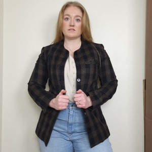 Vintage Bagatelle Wool Blazer / Black Brown / Plaid / Button Down / Collarless / Long Sleeve / Pure Wool / Sz 4