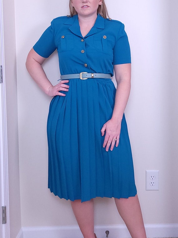 Vintage 90s Leslie Faye Petite Blue Button Up Dres