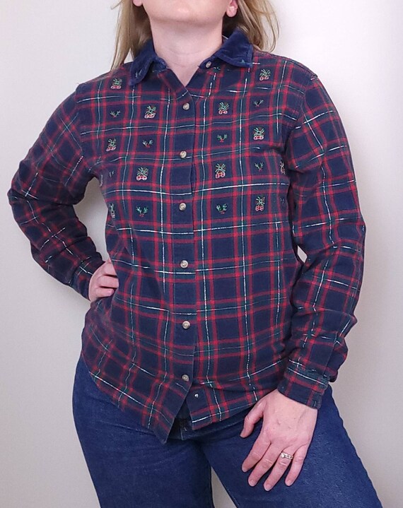 Chemise Courte Femme Bobbie Brooks - Chambray Bleu Brodé Oursons - Taille S - Vintage Très Bon état