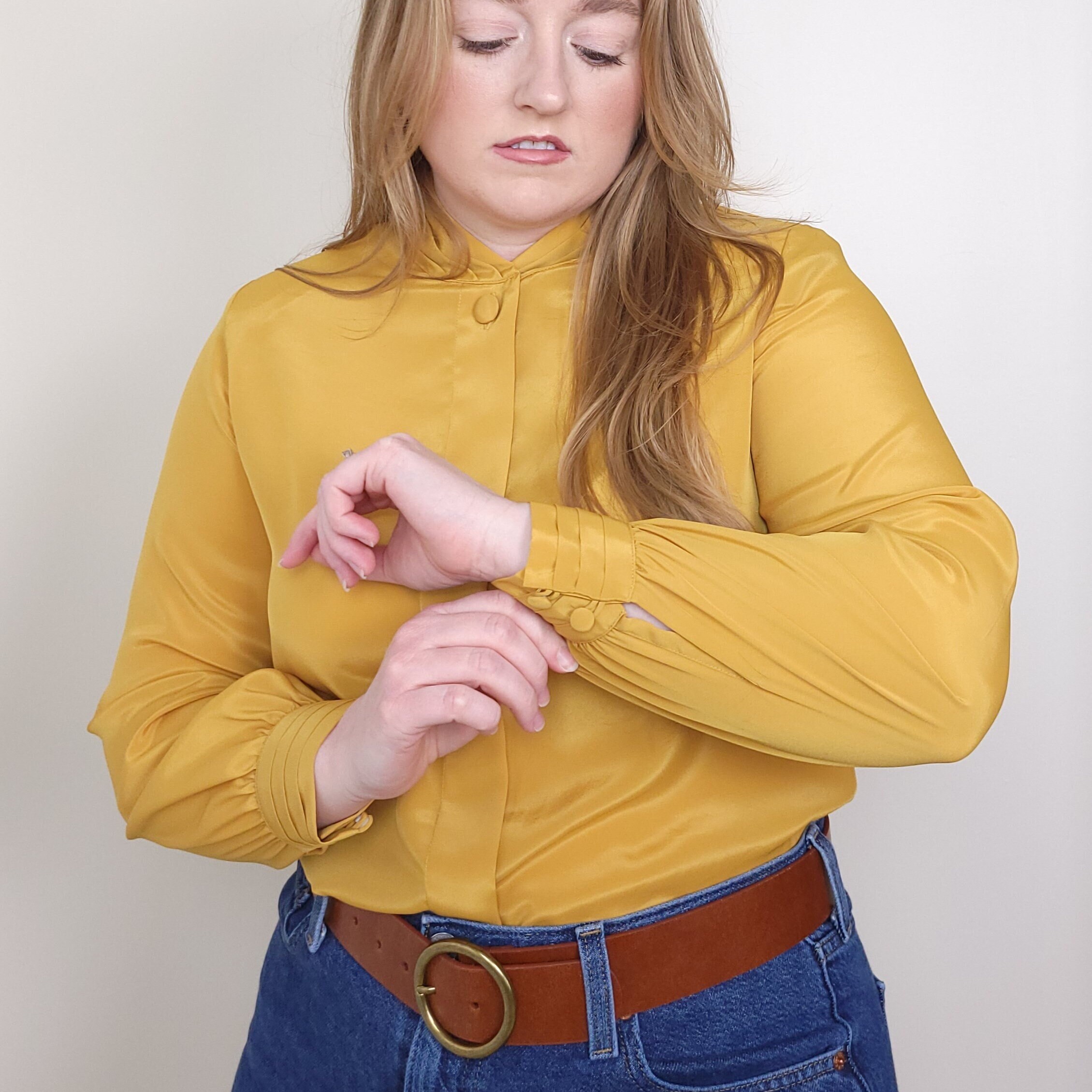 mustard button down shirt women's