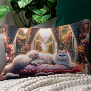 White Cats Lumbar Pillow in Victorian Whiskers Style, Afternoon Delight Cushion, Cat Lover Gift, Home Decor