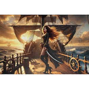 Lady Piraten Puzzle, Die Zauberin der Hochsee, Puzzle, Schatzkarte Puzzle, Wasserabenteuer Sonnenuntergang, Piraten Geschenk