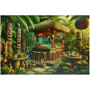 Tiki Oasis Jigsaw Puzzle - Enchanted Tiki Escape Backyard Theme, Tropical Decor Gift for Puzzle Lovers