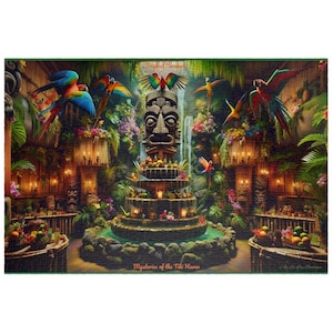 Tropical Tiki Jigsaw Puzzle - &quot;Tropical Serenade&quot; Mystical Parrots & Tiki Totems, Tiki-Themed Gift, Polynesian Present
