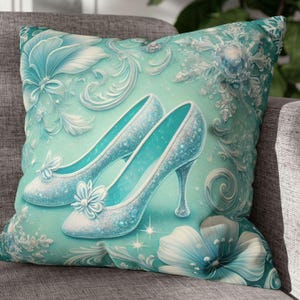 Winter Enchanting Glass Slipper Faux Suede Square Pillowcase, Blue Princess Snowflake Fantasy Decor