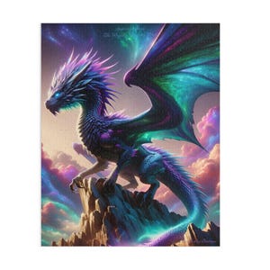Quebra-cabeça de dragão de fantasia, Domínio do dragão majestoso, Quebra-cabeça de dragão roxo e verde, Presente para amantes de dragões de criaturas míticas