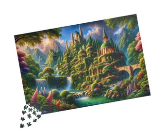 Middle Earth Summer Jigsaw, Elven Estates Puzzle, Verdant Bliss Enchantment, Fantasy Gift, Unique Art