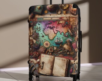 Valise avec carte au trésor - carte illustrée de l'aventure de Lady pirate, images de navigation, cadeau unique sur le thème des pirates pour voyager et s'amuser