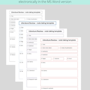 May include: Four literature review templates in black, blue, purple, and red. Each template includes fields for title, author, date, publication date, pages, aims, claims, literature, and research methods.