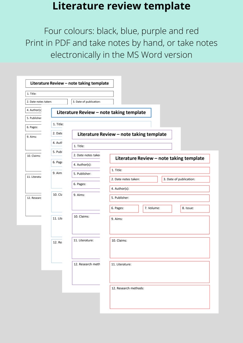 May include: Four literature review templates in black, blue, purple, and red. Each template includes fields for title, author, date, publication date, pages, aims, claims, literature, and research methods.