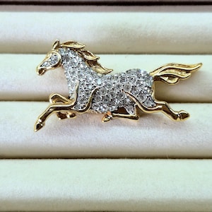 Vintage Attwood & Sawyer Laufendes Pferd Brosche | Vergoldete Sammelbrosche mit Pave Swarovski Strasssteinen