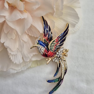 Vintage 1980s Enamel Bird of Paradise Brooch – Colorful Gold-Tone & Rhinestones. Statement Pin