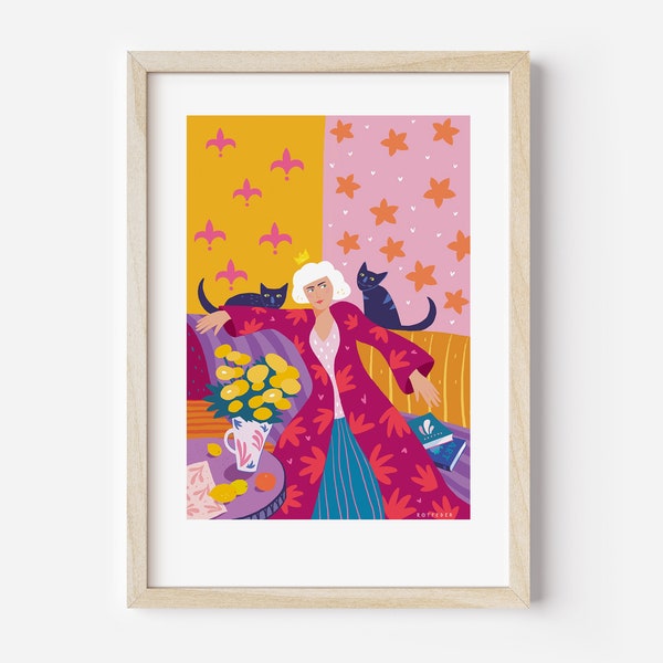 FineArt Kunstdruck A5/A4 „Frau im roten Mantel“  –  dekorative Wandkunst, Katzenliebe, Selbstliebe, Geburtstagsgeschenk Frauen