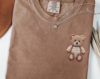 Faux Embroidered Teddy Bear Comfort Colors Shirt – Cozy Tee, Sweatshirt, or Long Sleeve