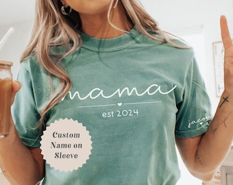 Comfort Colors Mama T-shirt with Kids Name on Sleeve, Custom Trendy Gift for Mom on Mothers Day, Birthday, New Mom Est Date