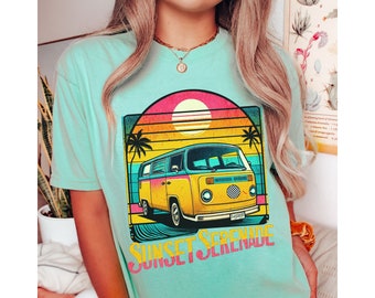 Retro Sunset Serenade Van T-Shirt Vintage Bus Cotton Tee Palm Tree Summer Vibes Beach Sunset Graphic Top Unisex Gift Idea