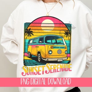 Sunset Serenade Van Digital PNG Retro Bus and Palm Tree Illustration Vintage Beach Sunset Graphic Digital Download Art