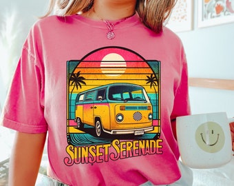 Retro Sunset Serenade Van T-Shirt Vintage Bus Cotton Tee Palm Tree Summer Vibes Beach Sunset Graphic Top Unisex Gift Idea