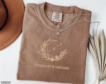 Stardust and Dreams Comfort Colors Tee and Sweatshirt Celestial Moon Stars Graphic Cozy Dreamy Gift for Her and Stargazers Fall Outfit