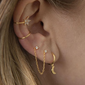 Two CZ Chain Earring • CZ Chain Earring • Sterling Silver Earring • Silver Chain Earring • Dainty Chain Stud Earring • Tiny Earring