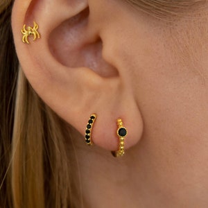 Black Stone Beaded Hoop Earrings • 925 Sterling Silver • Huggie Hoop Earrings • cartilage hoop • hoop earrings • helix hoop