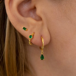Emerald Dangle Hoop Earrings • 925 Sterling Silver • Huggie Hoop Earrings • cartilage hoop • hoop earrings • helix hoop