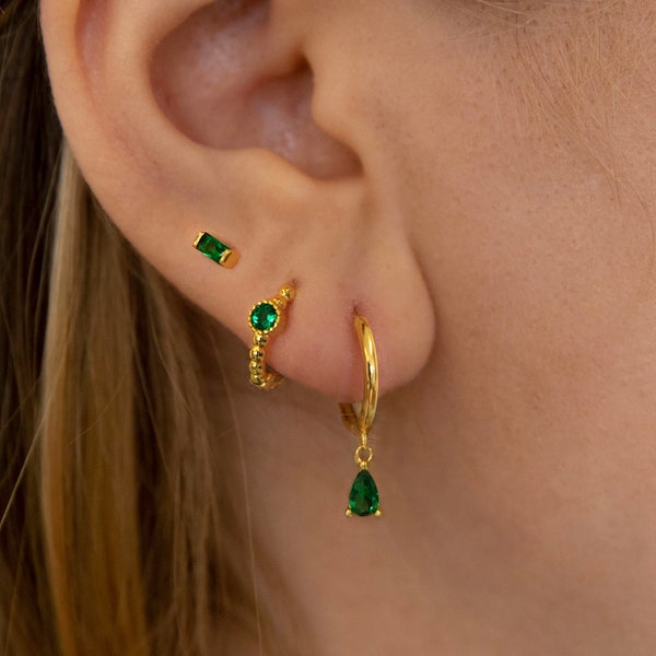 Emerald Dangle Hoop Earrings • 925 Sterling Silver • Huggie Hoop Earrings • cartilage hoop • hoop earrings • helix hoop