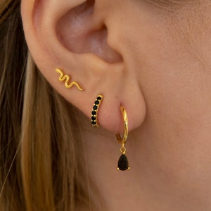 Black cz Dangle Hoop Earrings • 925 Sterling Silver • Huggie Hoop Earrings • cartilage hoop • hoop earrings • helix hoop