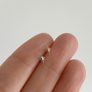 以下が含まれることがあります： 8つの光芒を持つ星の形をした小さなスタッドピアス2点。1点は光沢のあるゴールドトーン、もう1点は光沢のあるシルバートーンで仕上げられています。それぞれの星の中心には、小さな暗い円形のアクセントが施されています。