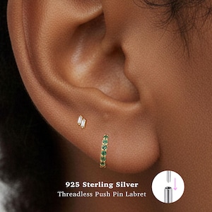 18g Push Pin Labret Stud • 925 Sterling Silver • Tiny Two Baguette Stud  • Tragus Stud • Flat Back Earring • Helix • Conch • Cartilage Stud