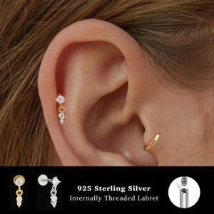 18/16G CZ ダングル 内ネジ • 925 スターリングシルバー • トラガス スタッド • フラットバック イヤリング • ヘリックス • コンク • 軟骨スタッド