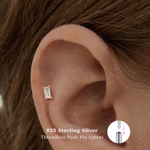 18g Baguette Push Pin Labret Stud • 925 Sterling Silver • Tiny Stud • Tragus Stud • Flat Back Earring • Helix • Conch • Cartilage Stud
