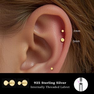 18/16G Disc Internally Threaded Labret • 925 Sterling Silver • Tragus Stud • Flat Back Earring • Helix • Conch • Cartilage Stud
