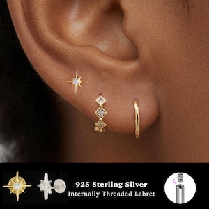 18/16G Star Internally Threaded • 925 Sterling Silver • Tragus Stud • Flat Back Earring • Helix • Conch • Cartilage Stud