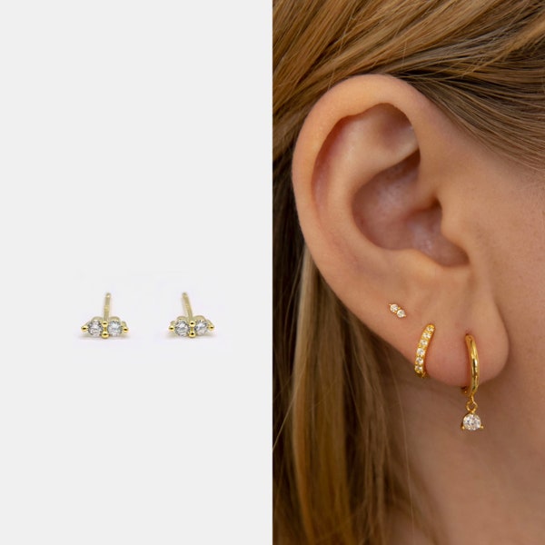 Tiny Two Stone Stud Earrings • Cz Stud Earrings • Tiny dainty earrings • Tiny gold studs